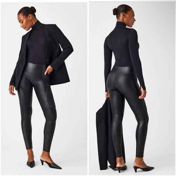 SPANX Very Black Slimming Stretch Faux Leather Moto Leggings Size Medium - Picture 1 of 10